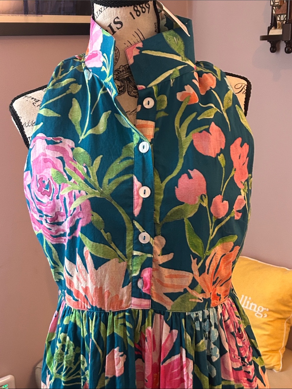 Holly Shae Samantha Dress Floral Sleeveless Maxi with Pink & Green Blooms - Picture 2 of 8